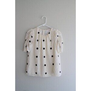 THML Creamy White Polka Dot Short Sleeve Frine Diamond Trim Blouse Top Size XS